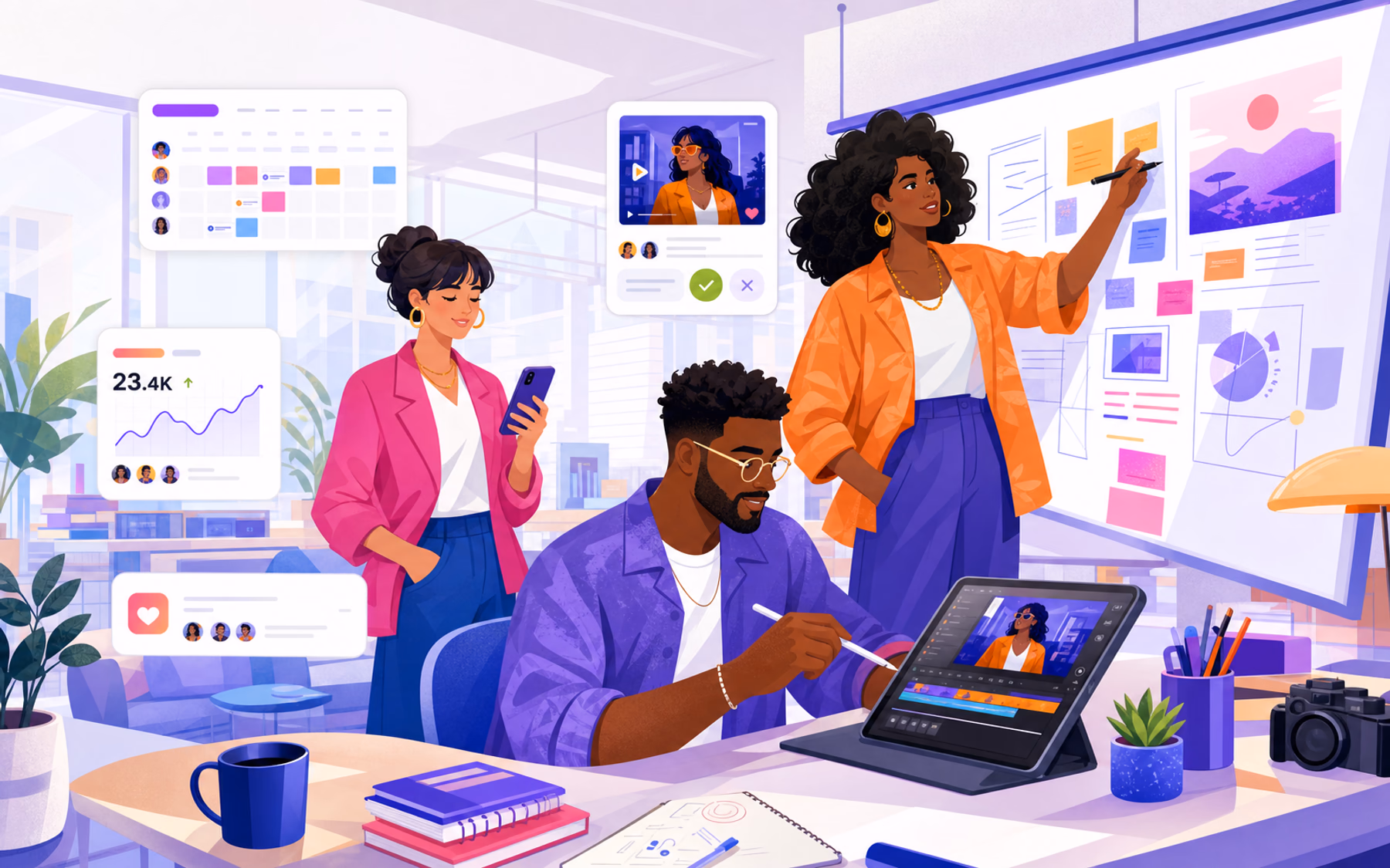 PostAm creators shaping a campaign with Aya and Kofi beside the planning workspace.